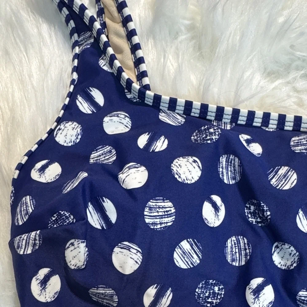 Relativity Navy Polka Dot Designed Swim Top with Striped Trim Size 6